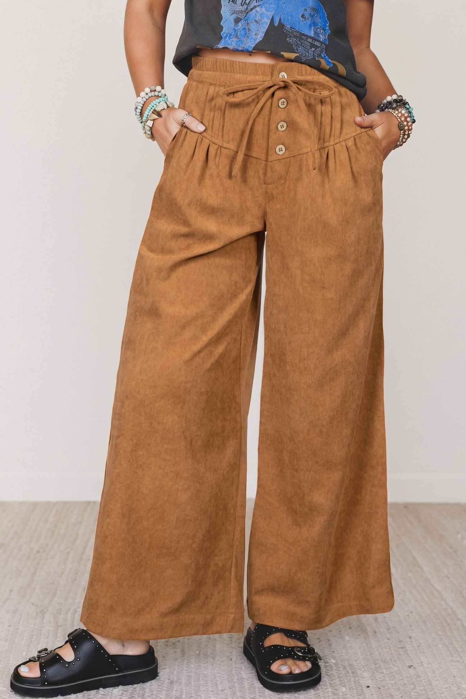 Thai Curry Elastic Waist Wooden Button Placket Ankle Length Wide Leg Pants - Image 4