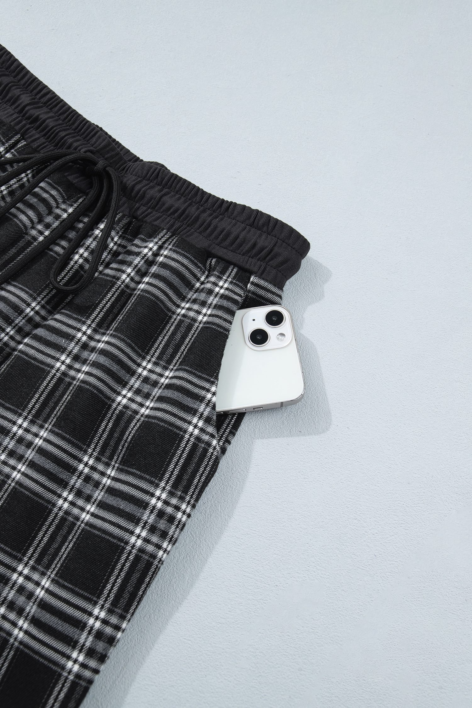 Black Frenchy Plaid Pattern Contrast Drawstring Waist Wide Leg Pants - Image 10