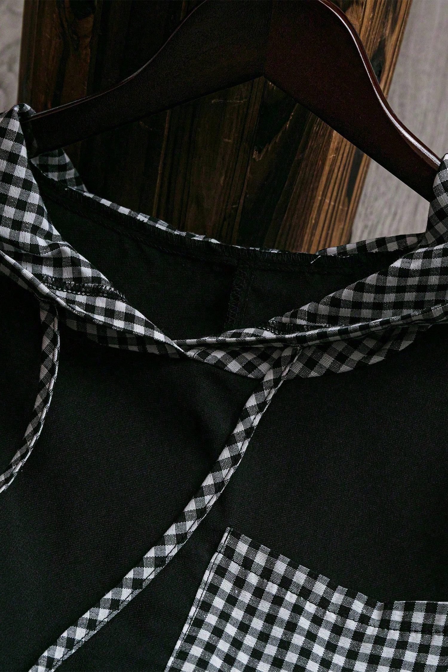 Black Hooded Gingham Paneling Chest Patch Pocket Long Sleeve Plus Size Blouse - Image 6
