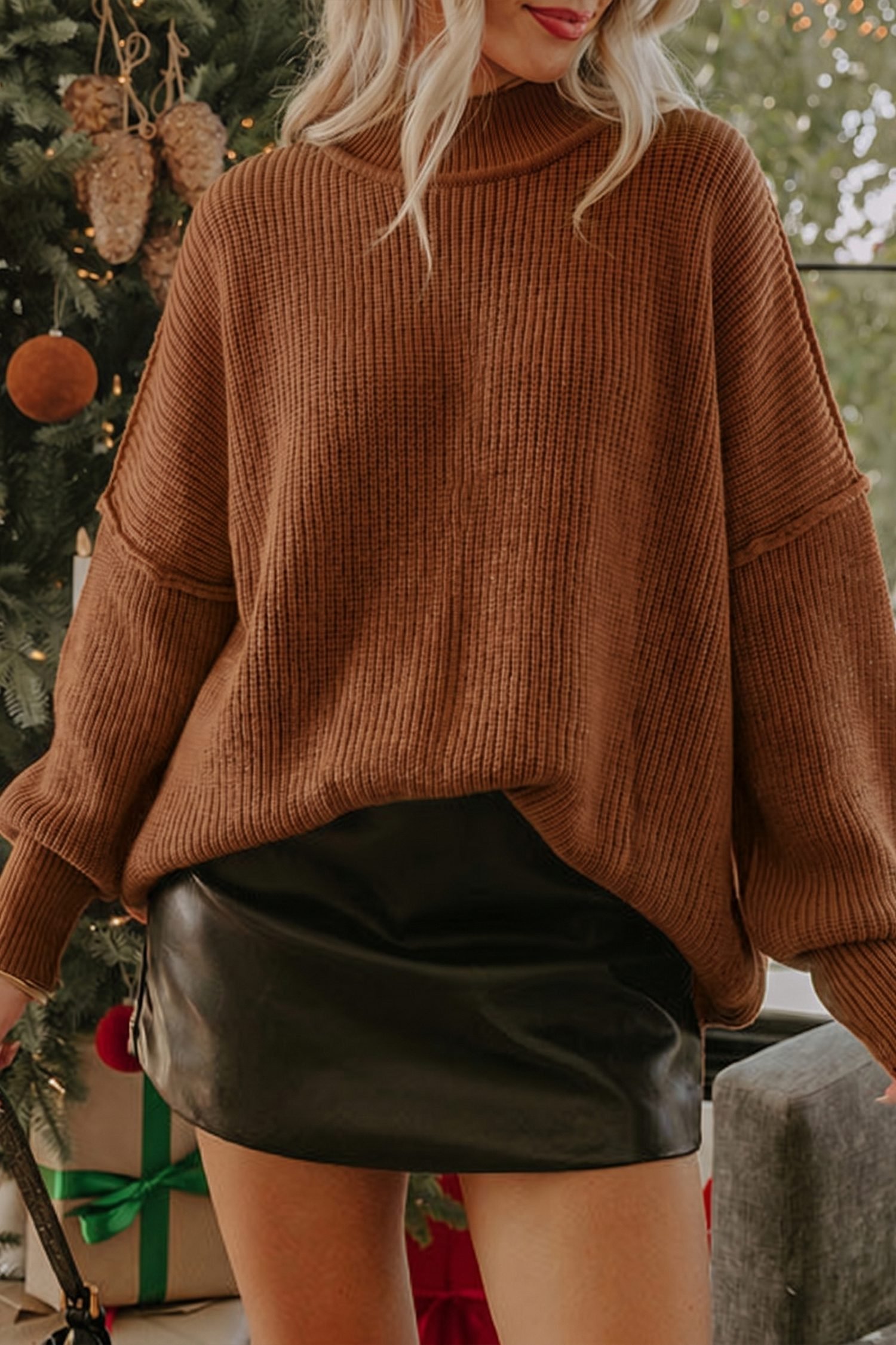 Chestnut Long Sleeve Ribbed Knit Stand Neck Regular Fit Sweater - Image 11