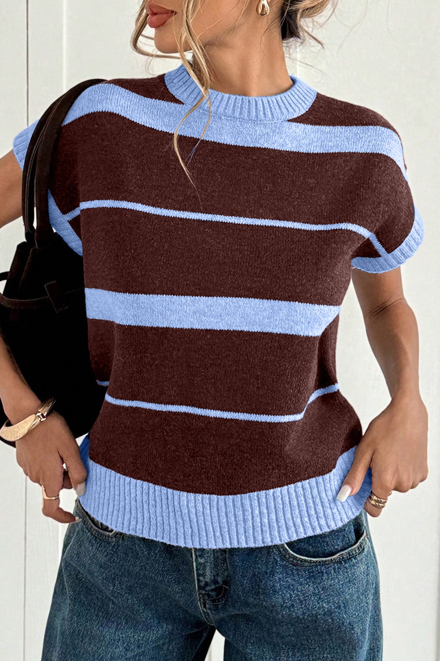 Sky Blue Stripe Striped Short Sleeve Round Neck Casual Knit Top - Image 5