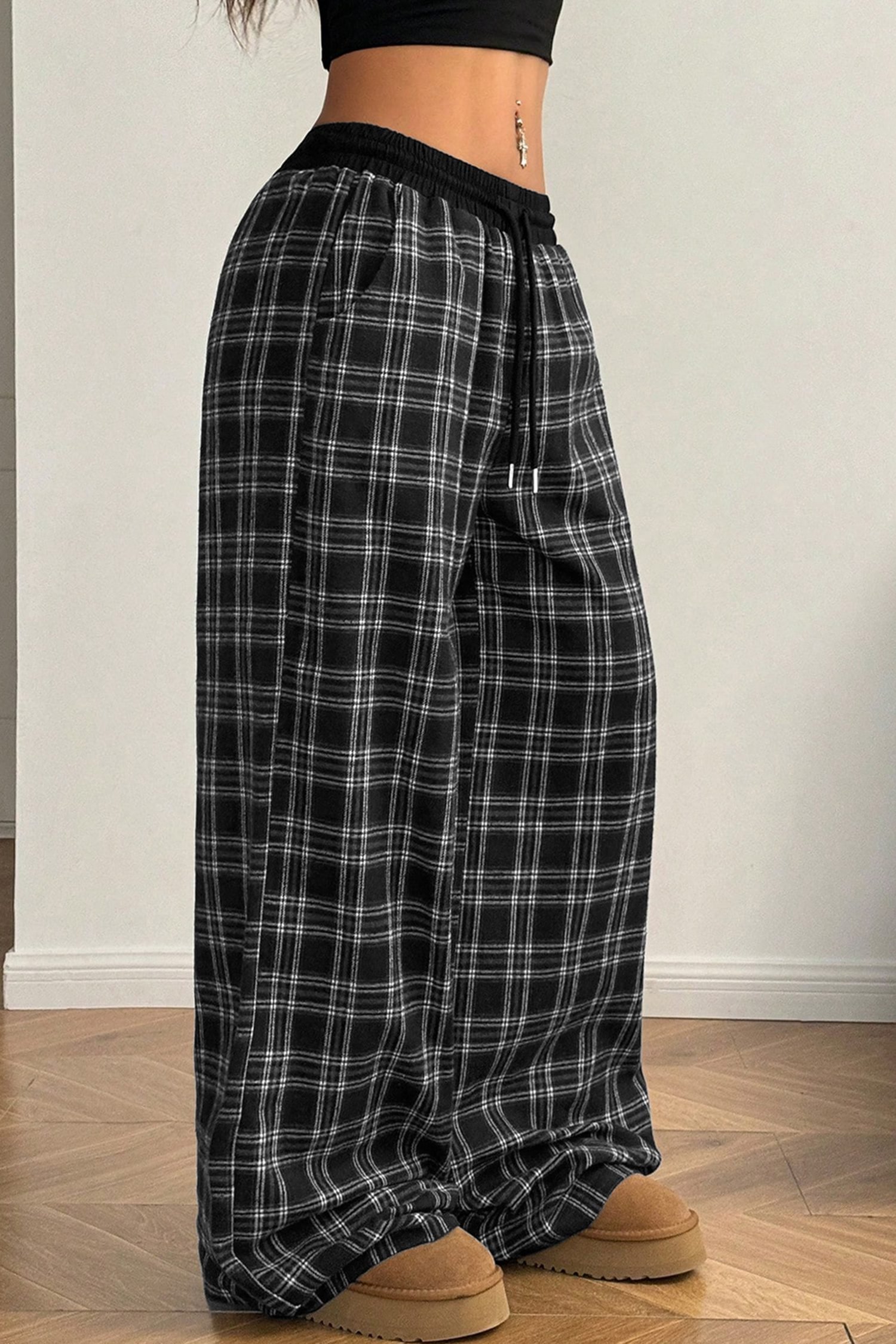 Black Frenchy Plaid Pattern Contrast Drawstring Waist Wide Leg Pants - Image 5