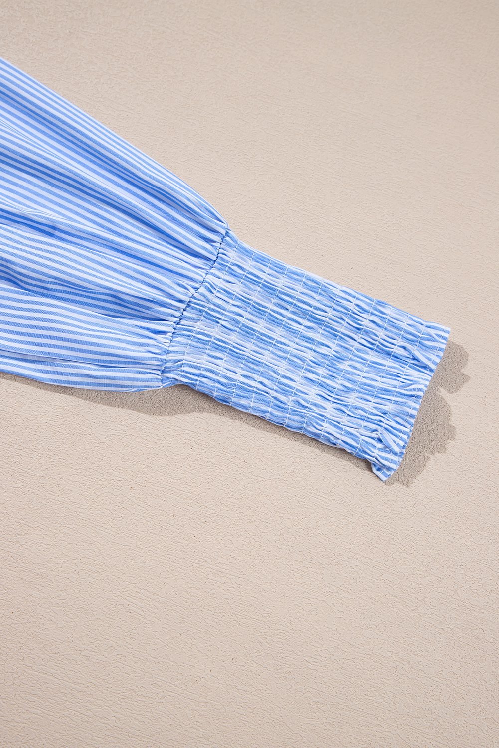 Sky Blue Stripe Pinstripe Long Sleeve Smocked Cuffs Button Shirt Collar Blouse - Image 12