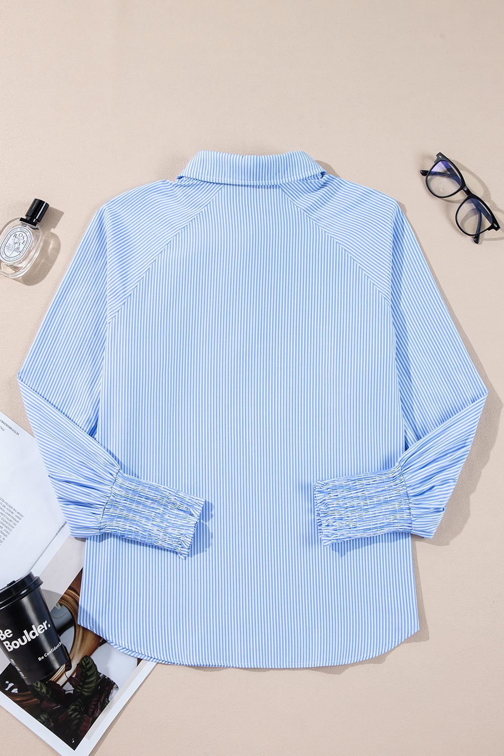 Sky Blue Stripe Pinstripe Long Sleeve Smocked Cuffs Button Shirt Collar Blouse - Image 9