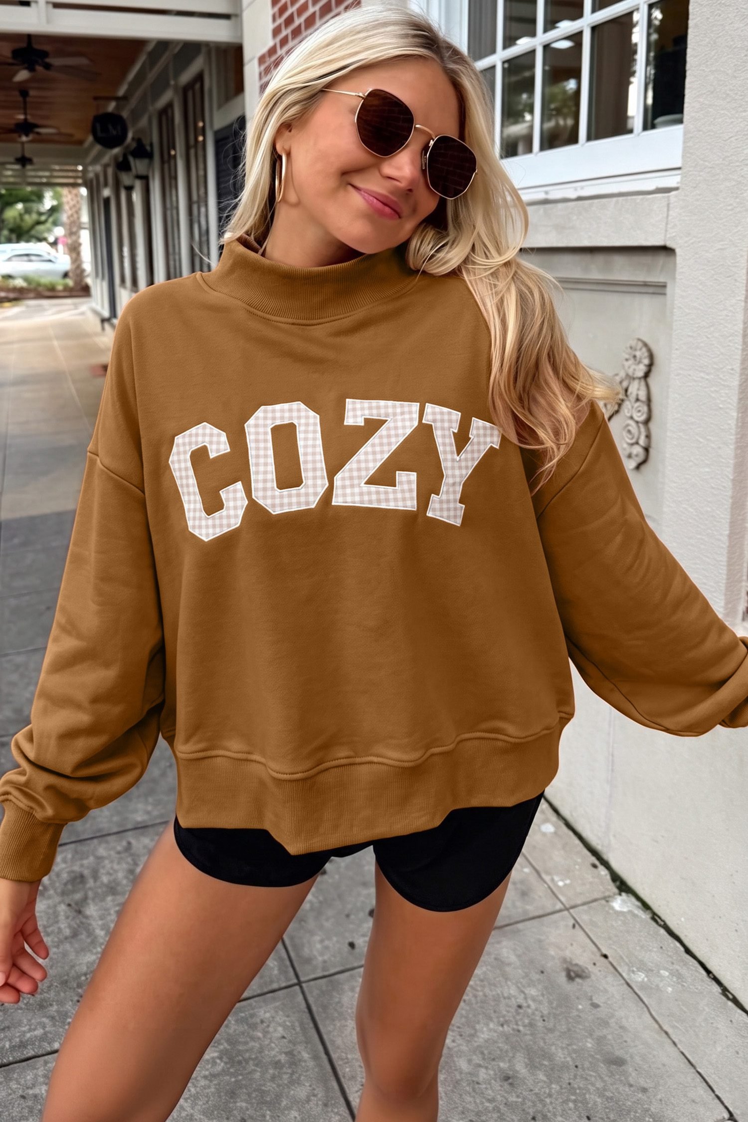 Chestnu COZY Embroidered Long Sleeve Stand Neck Shift Pullover Sweatshirt - Image 6