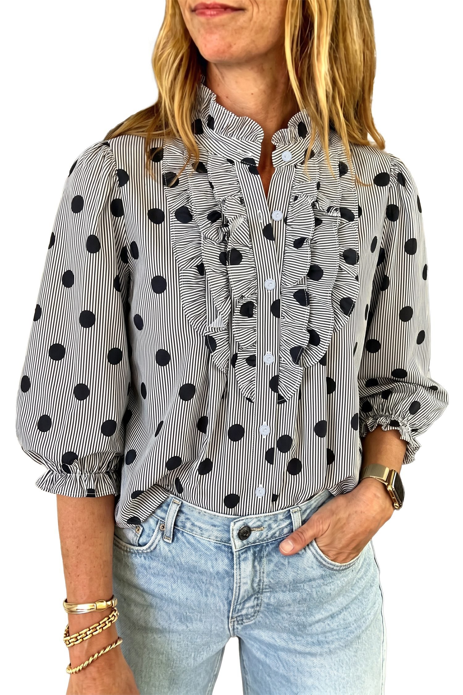 Black white Polka Dot Striped Print Ruffle Stand Neck 3/4 Sleeve Shift Shirt - Image 3