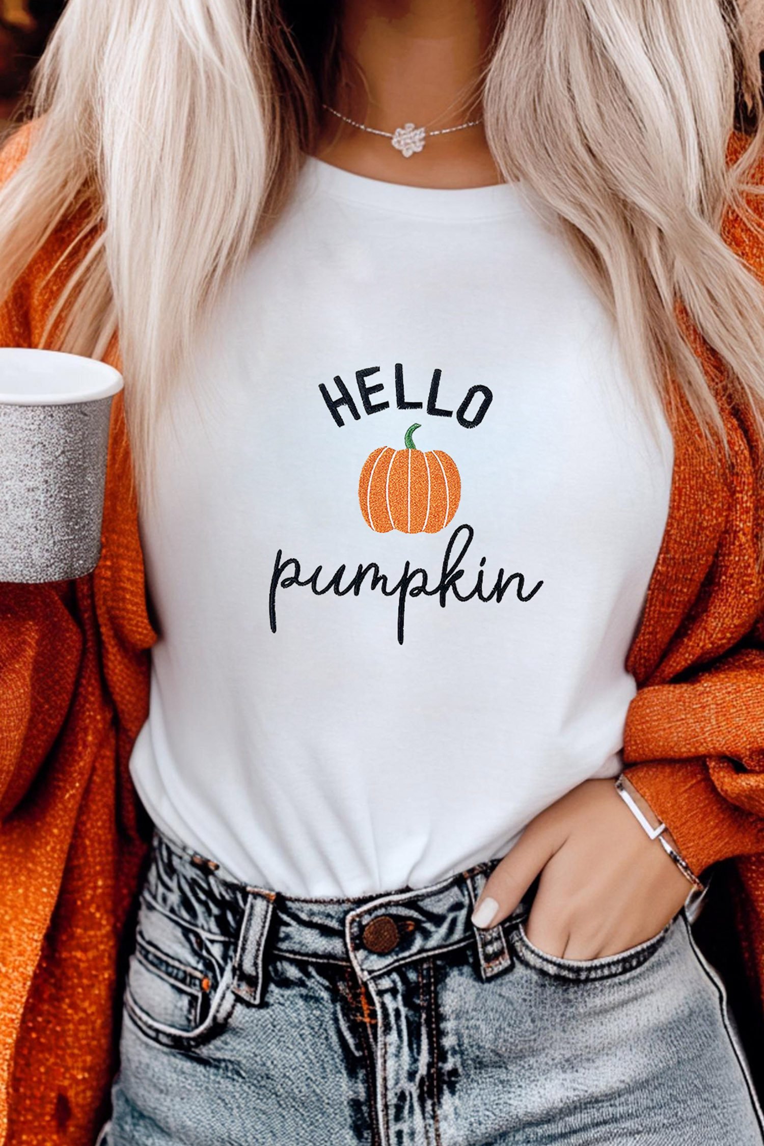 White Embroidered Pumpkin Slogan Short Sleeve T-Shirt - Image 2
