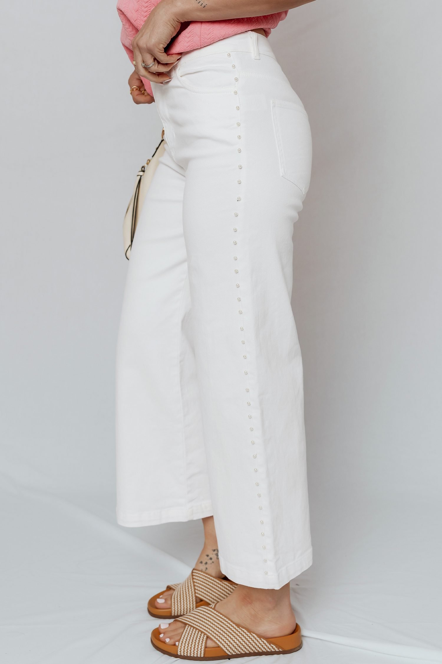 White Pearl Embellished Side Seam Ankle-length Shift Jeans - Image 3
