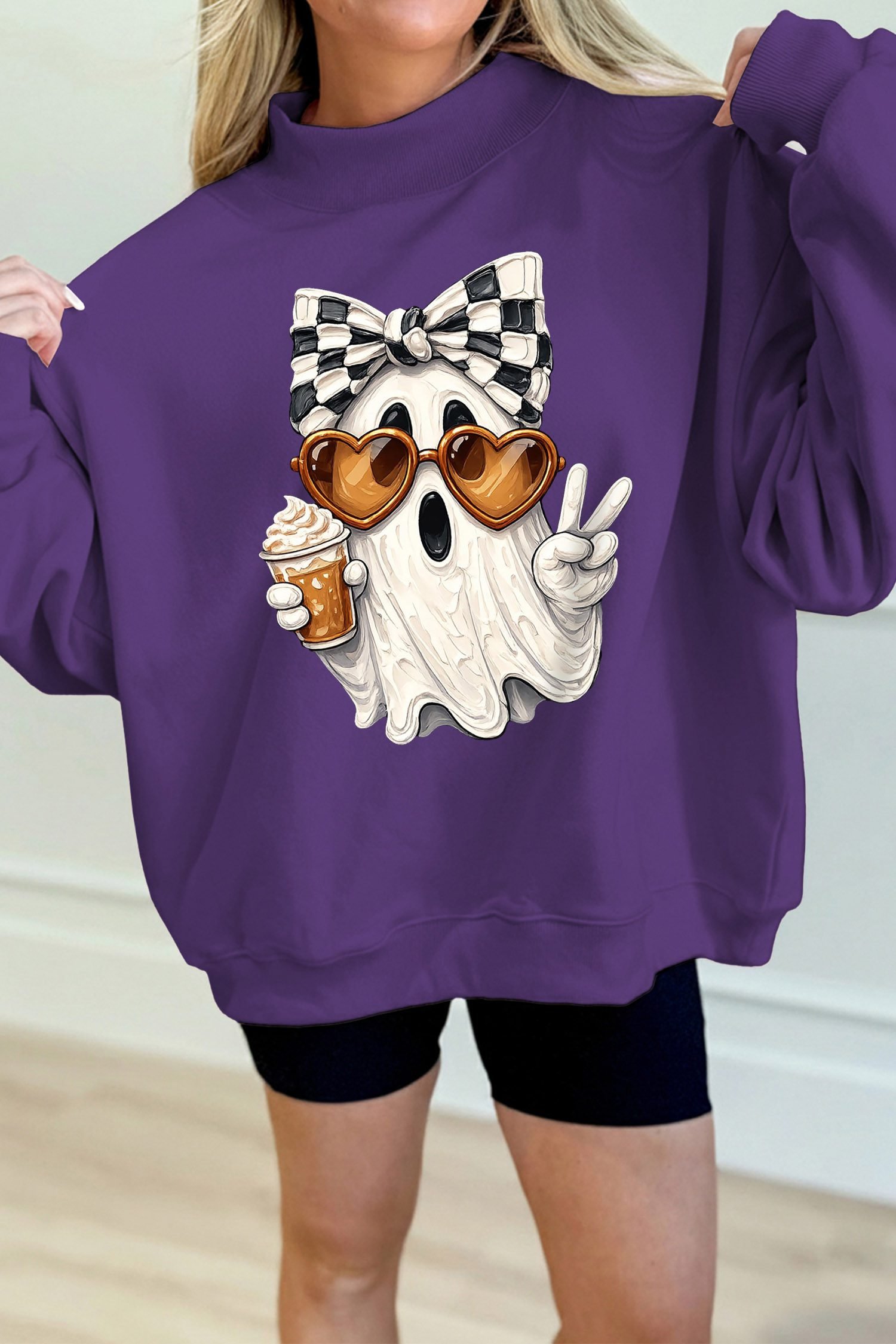 Tillandsia Purple Cute Ghost Print Pullover Mock Neck Sweatshirt - Image 4