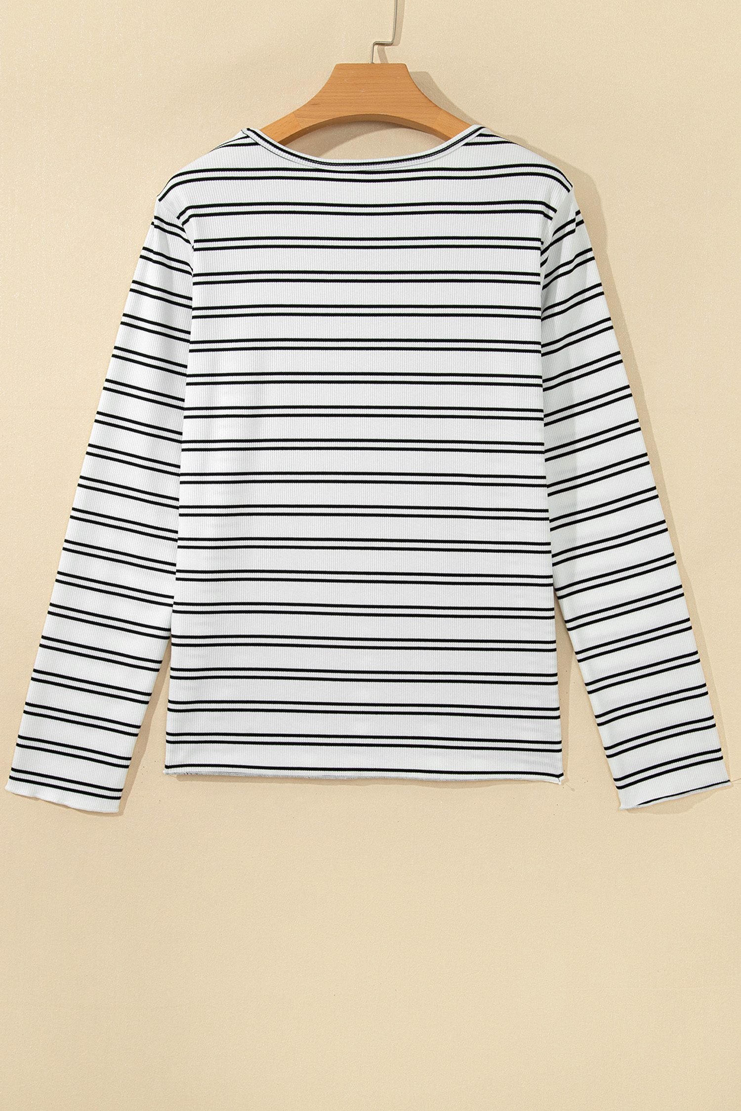 Beige Stripe Ribbed Knit Round Neck Long Sleeve Top - Image 5
