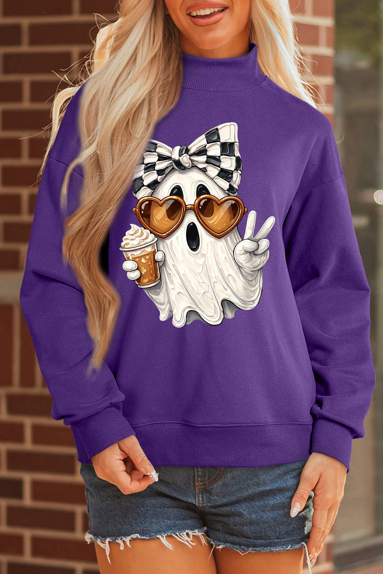 Tillandsia Purple Cute Ghost Print Pullover Mock Neck Sweatshirt - Image 7