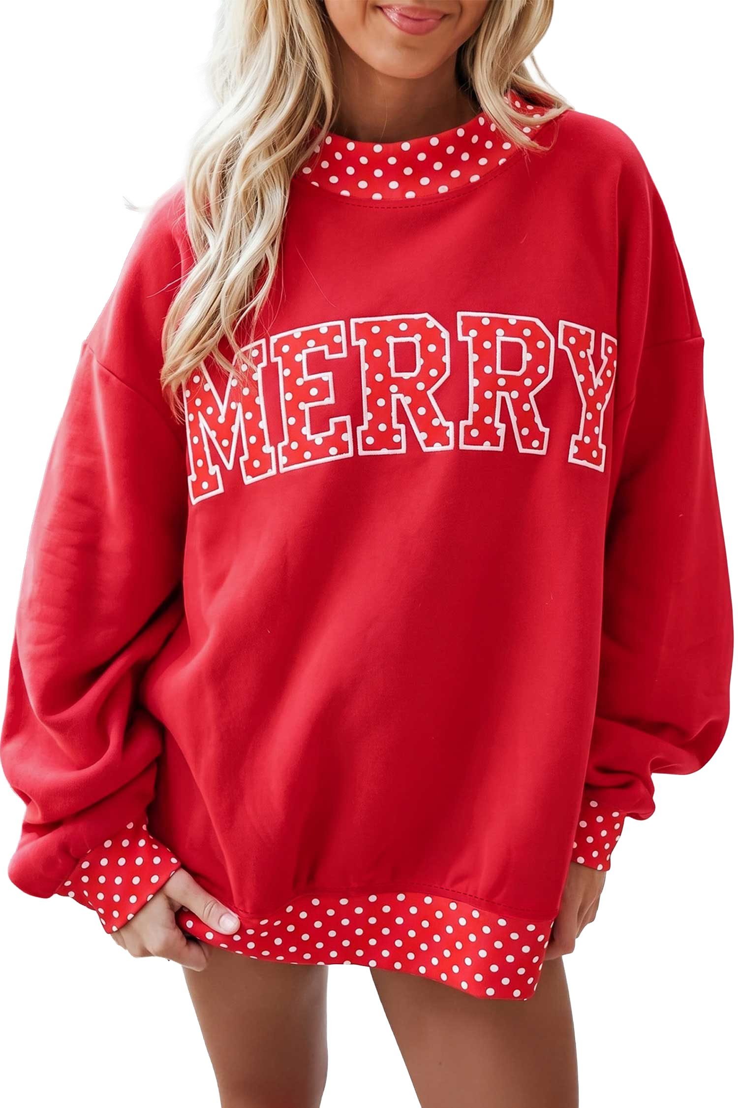 Tomato Red Polka Dot Letter Print Contrast Trim Mock Neck Sweatshirt - Image 2