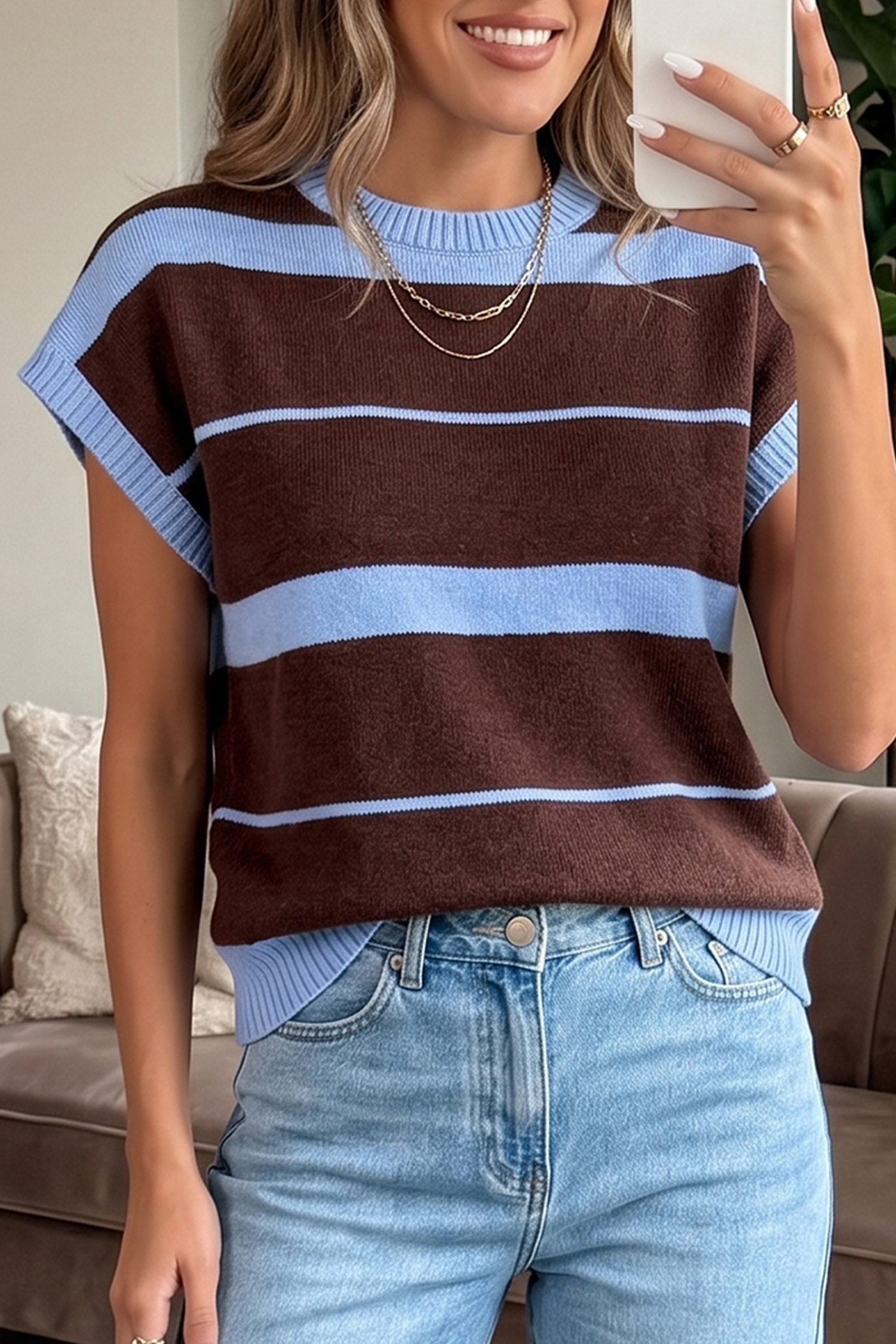 Sky Blue Stripe Striped Short Sleeve Round Neck Casual Knit Top