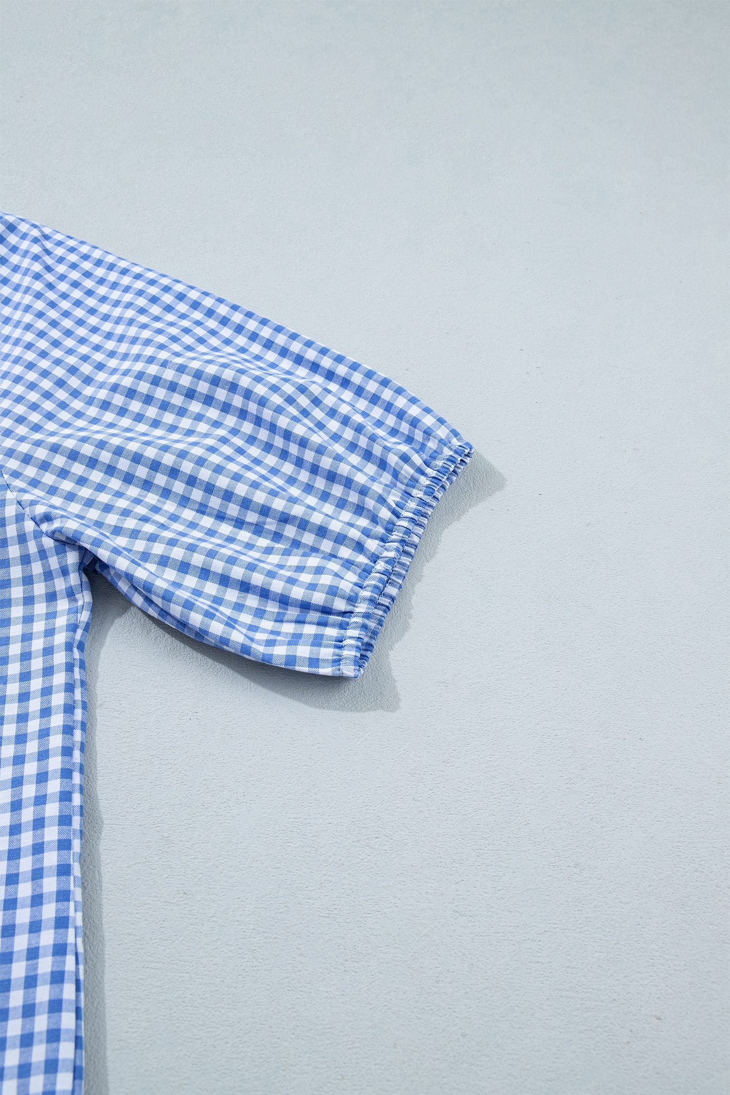 Sky Blue Summer Plaid V Neck Puff Sleeve Blouse - Image 10