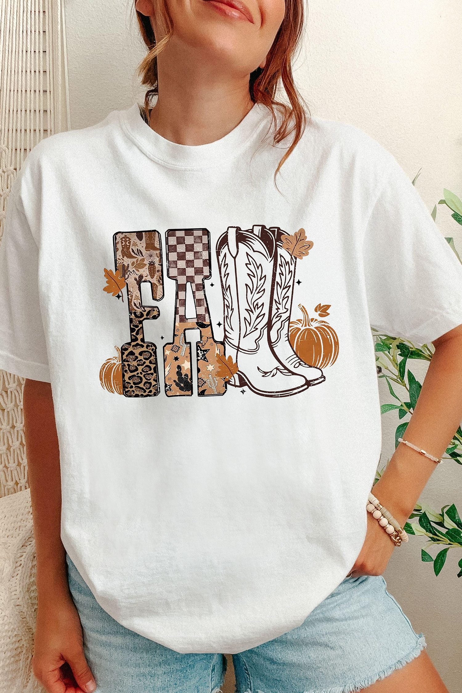 White FALL Letter Print Western Thanksgiving Graphic T-Shirt - Image 2
