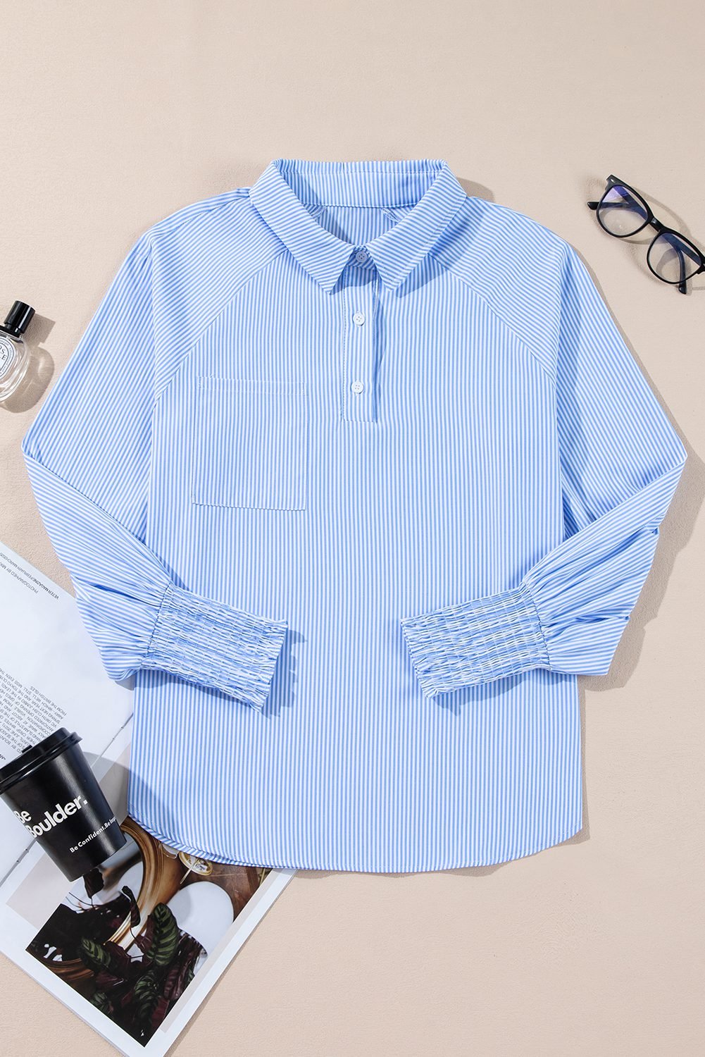 Sky Blue Stripe Pinstripe Long Sleeve Smocked Cuffs Button Shirt Collar Blouse - Image 8