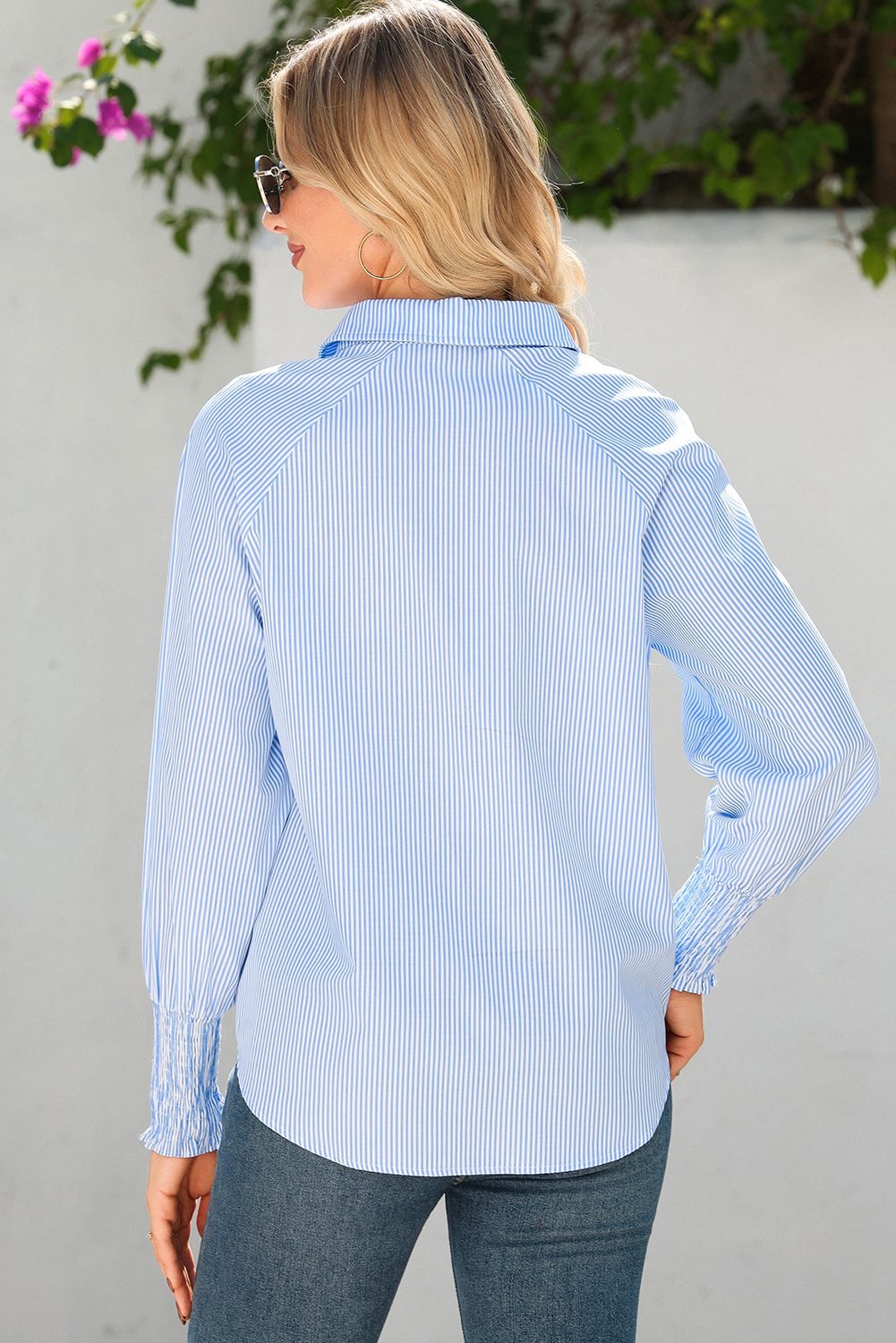 Sky Blue Stripe Pinstripe Long Sleeve Smocked Cuffs Button Shirt Collar Blouse - Image 2