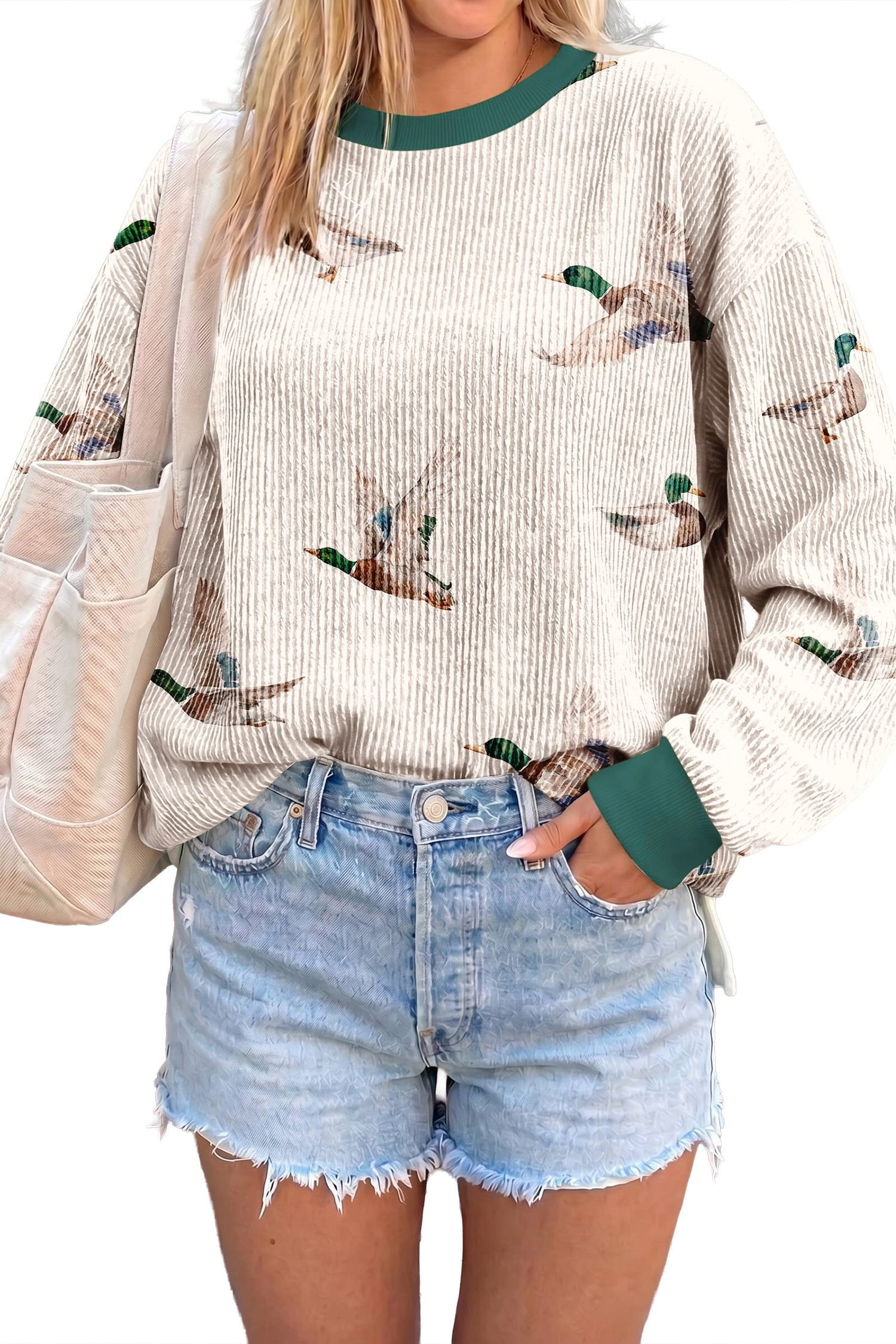 Beige Twisted Ribbed Duck Print Crewneck Casual Pullover Top - Image 3