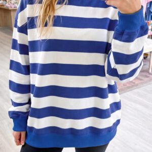Blue Stripe Colorblock Mock Neck Relaxed Sweatshirt