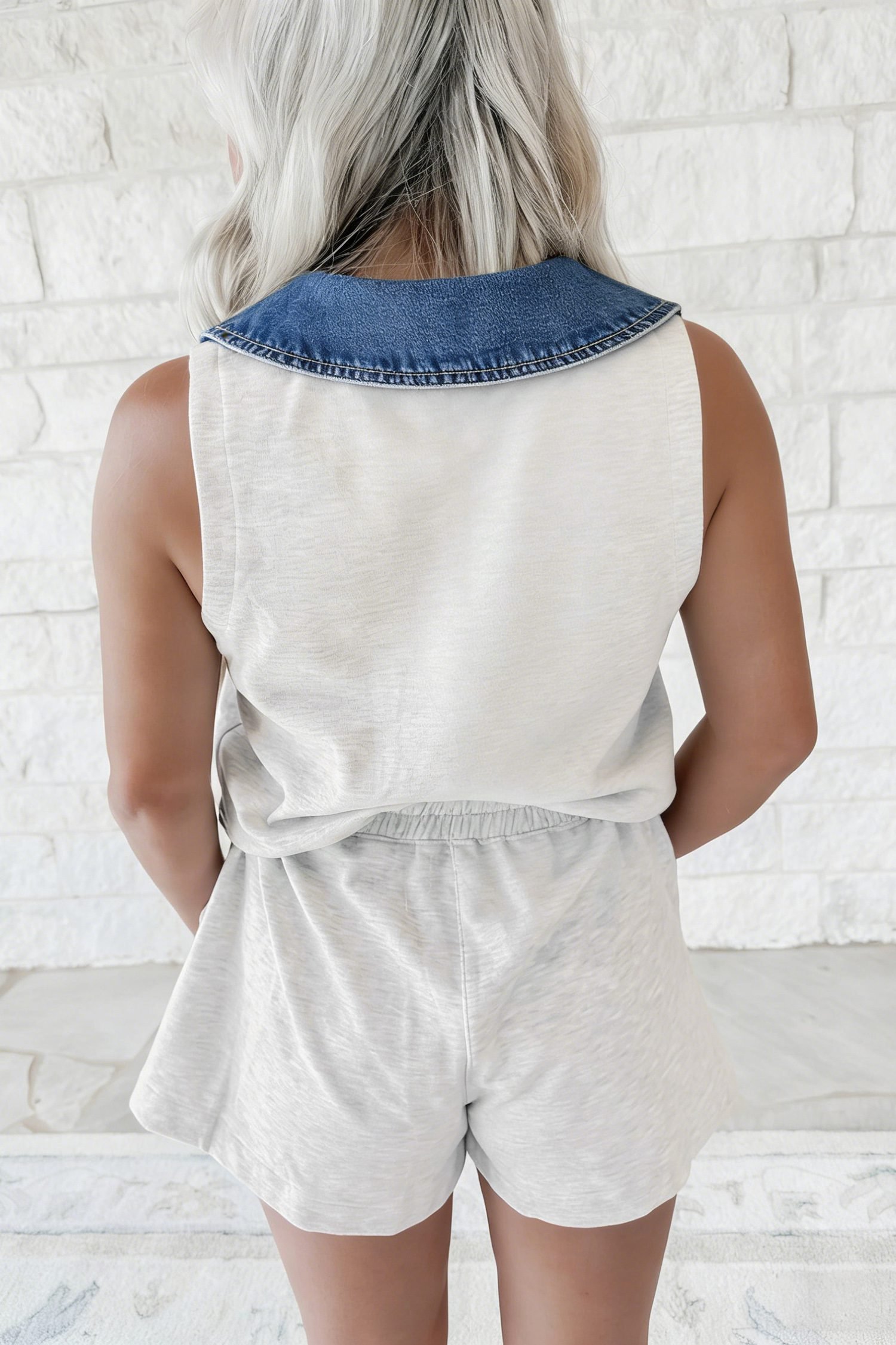 Light Grey Denim Patchwork Polo Collar Elastic Waist Sleeveless Romper - Image 2