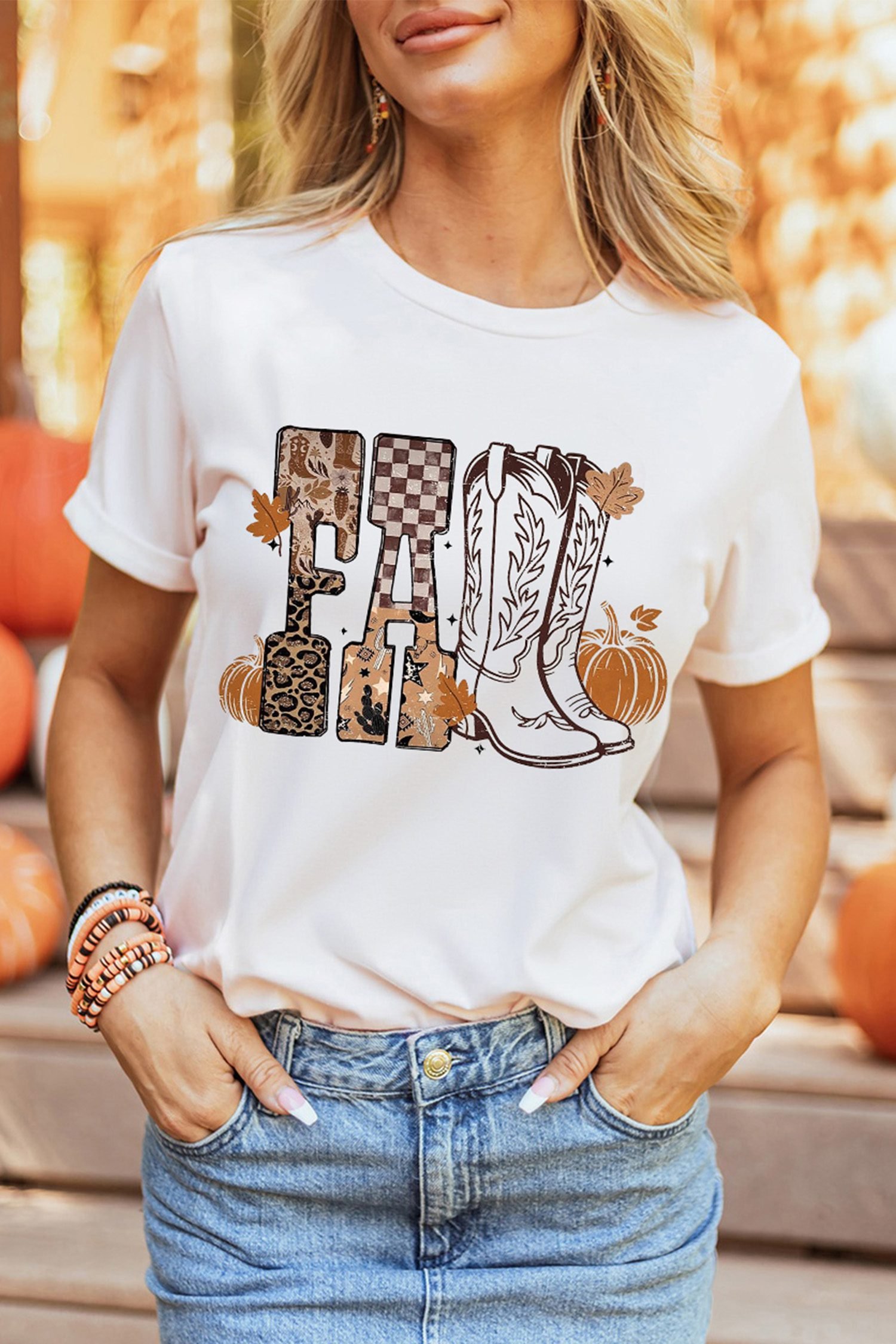 White FALL Letter Print Western Thanksgiving Graphic T-Shirt - Image 5