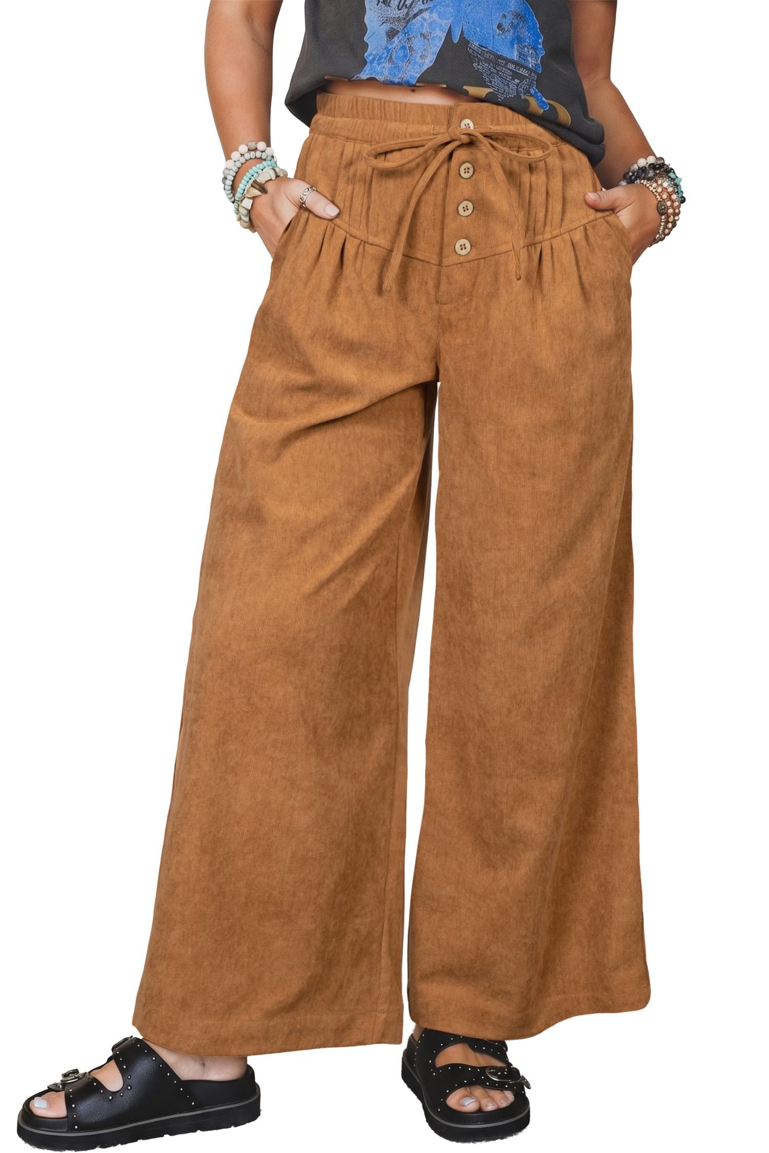 Thai Curry Elastic Waist Wooden Button Placket Ankle Length Wide Leg Pants - Image 13