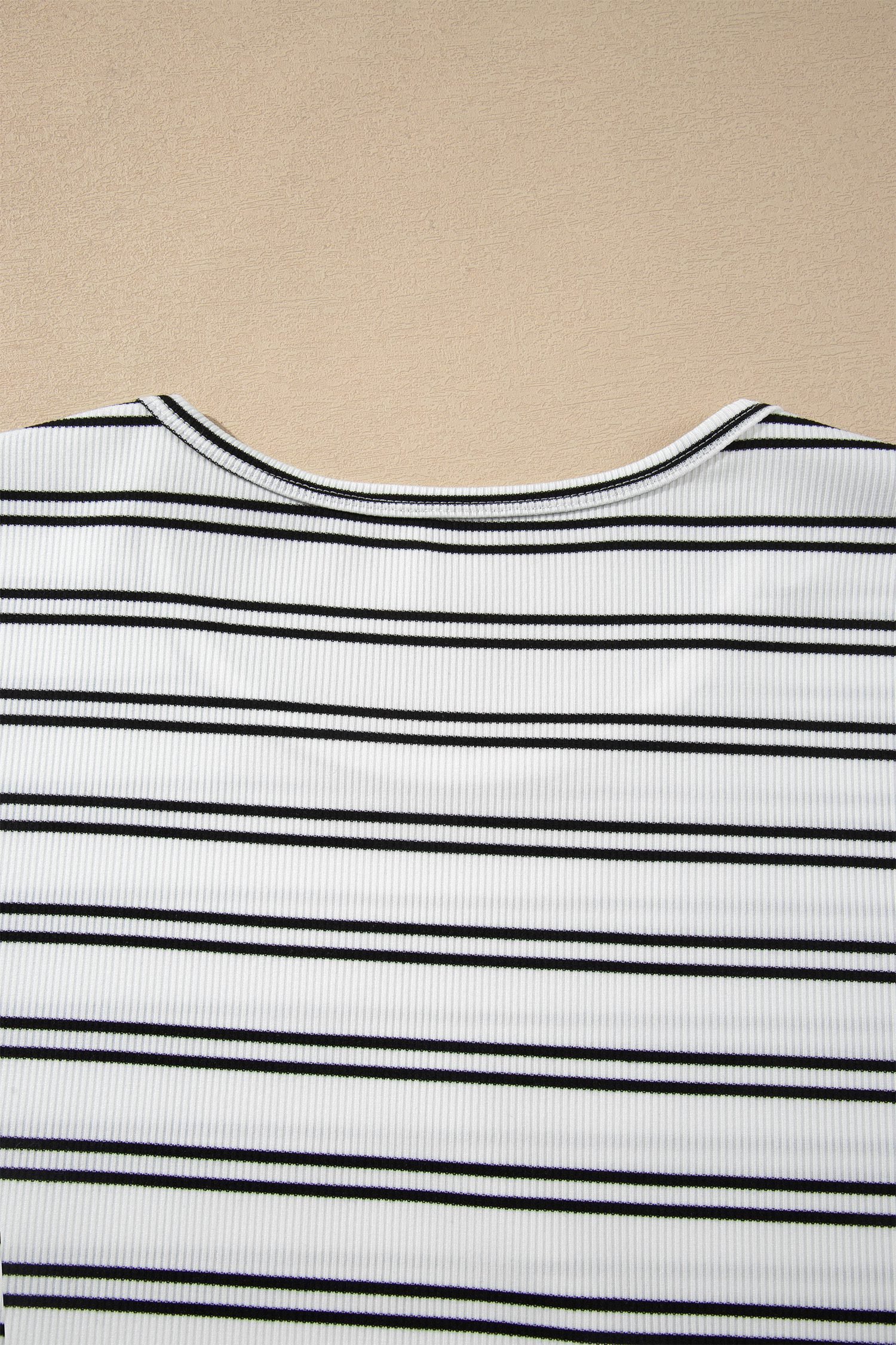 Beige Stripe Ribbed Knit Round Neck Long Sleeve Top - Image 6