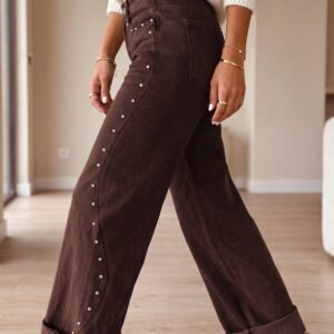 Coffee Side Seam Rivet Detail Ankle Length Casual Jeans