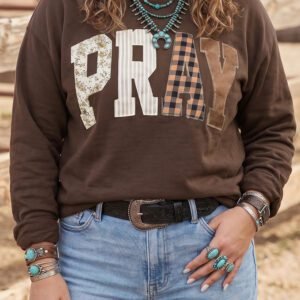 Coffee PRAY Letter Patchwork Round Neck Long Sleeve Plus Size Sweatshirt