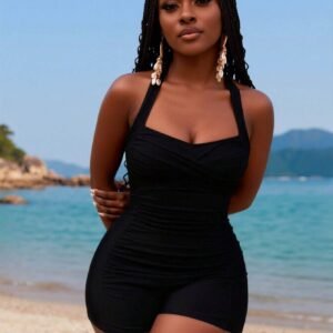 2026 New Women's Swimdress Black With Halter Neck, Ruched Tummy Control, Flared Skirt Hem And Boyleg Bottoms