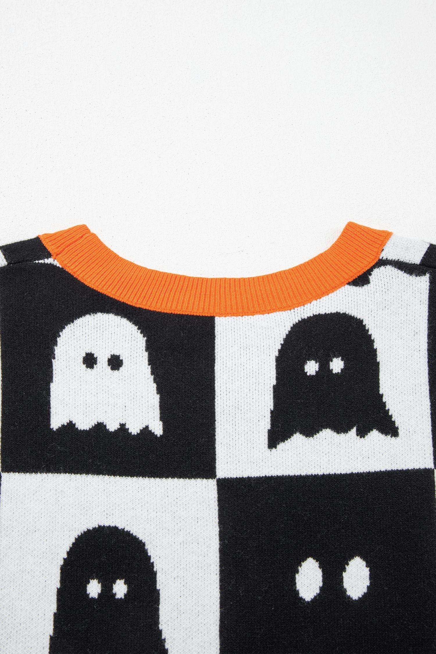 White Geometric Ghost Color Block Trim Short Sleeve Knit Sweater - Image 7