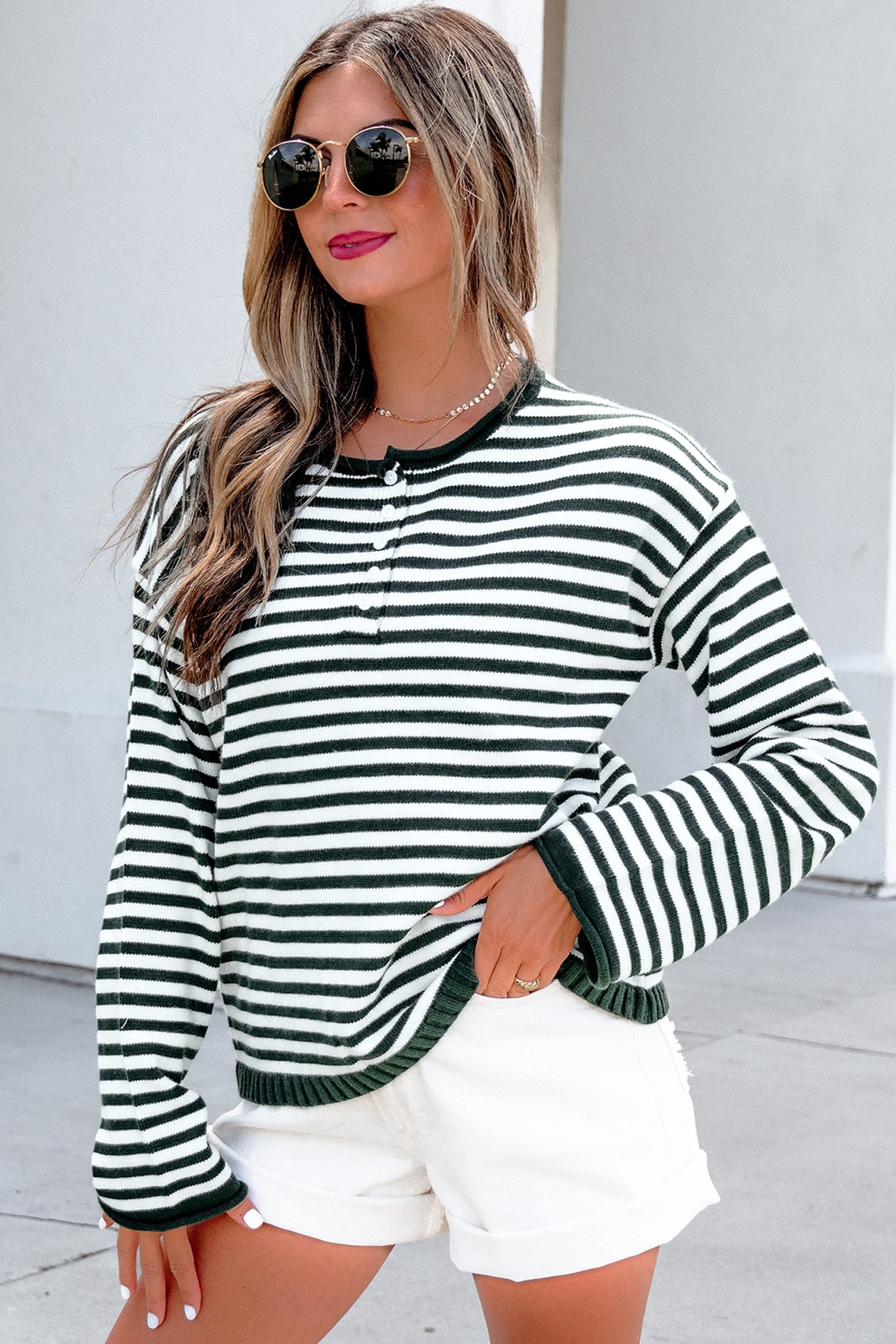 Green Stripe Striped Button Placket Drop Shoulder Long Sleeve Sweater - Image 3