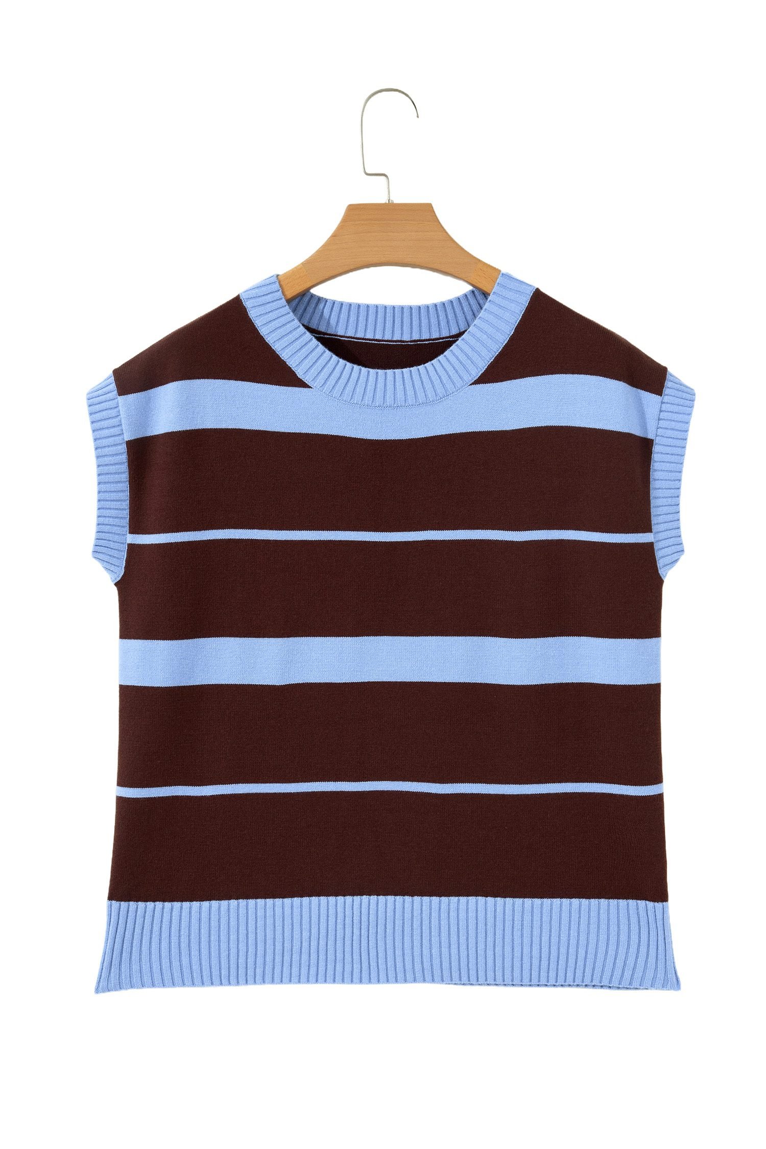 Sky Blue Stripe Striped Short Sleeve Round Neck Casual Knit Top - Image 14