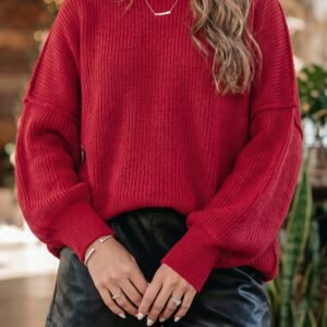 Red Dahlia Long Sleeve Ribbed Knit Stand Neck Regular Fit Sweater