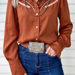 Cinnamon Silky Long Sleeve Button Front Western Fashion Shirt