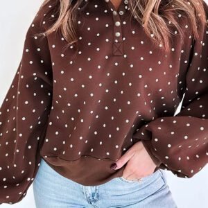 Brown Polka Dot Print Metal Button Collar Casual Pullover Sweatshirt
