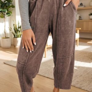 Coffee Mineral Wash Seam Detail Elastic Waist Barrel Pants