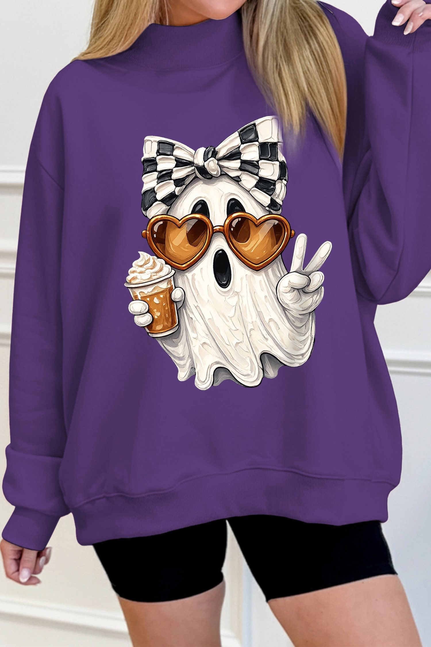 Tillandsia Purple Cute Ghost Print Pullover Mock Neck Sweatshirt - Image 2