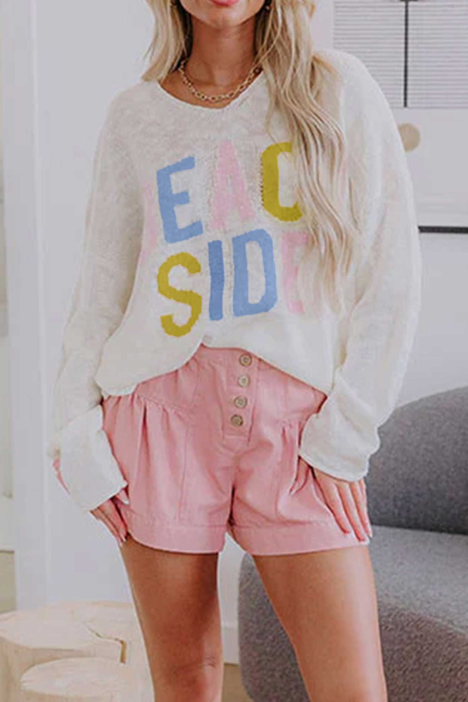 White V Neck Lightweight Knit BEACH SIDE Shift Tunic Sweater - Image 4