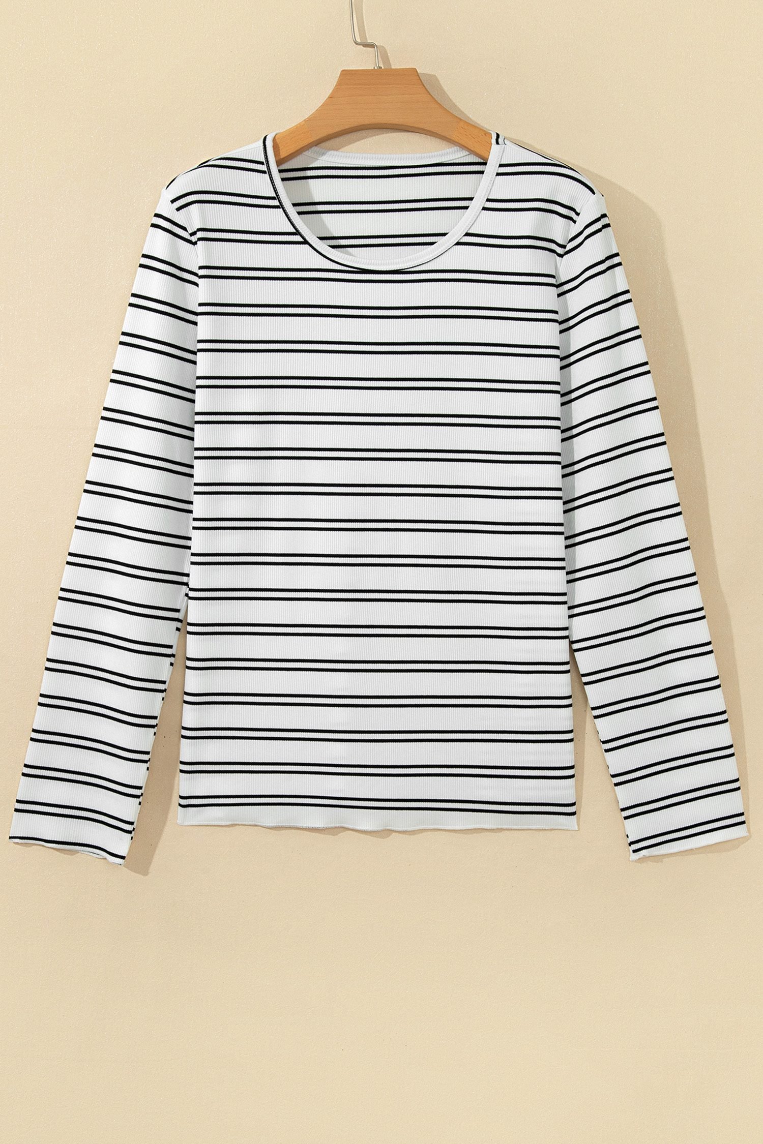 Beige Stripe Ribbed Knit Round Neck Long Sleeve Top - Image 4