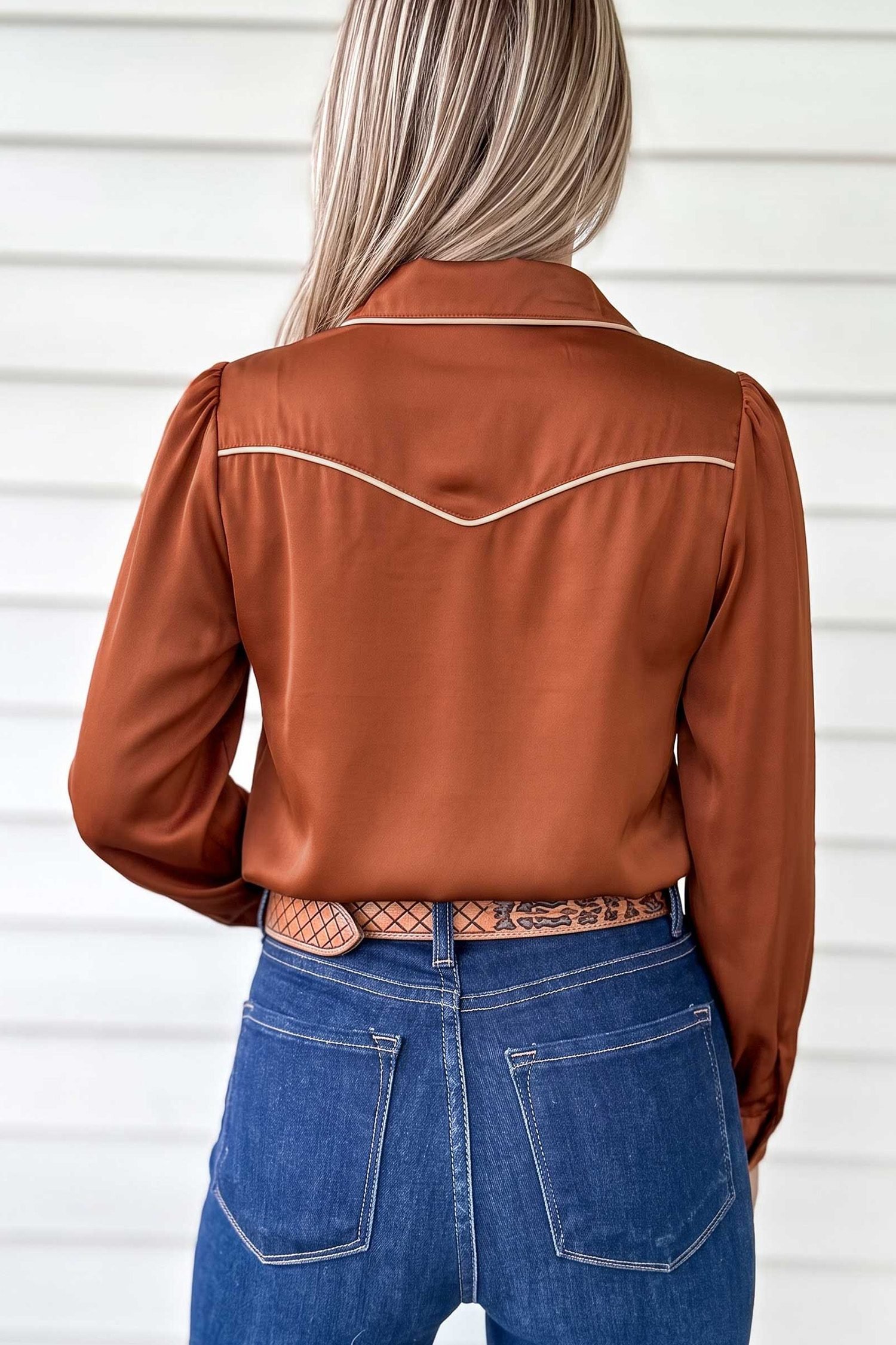 Cinnamon Silky Long Sleeve Button Front Western Fashion Shirt - Image 3