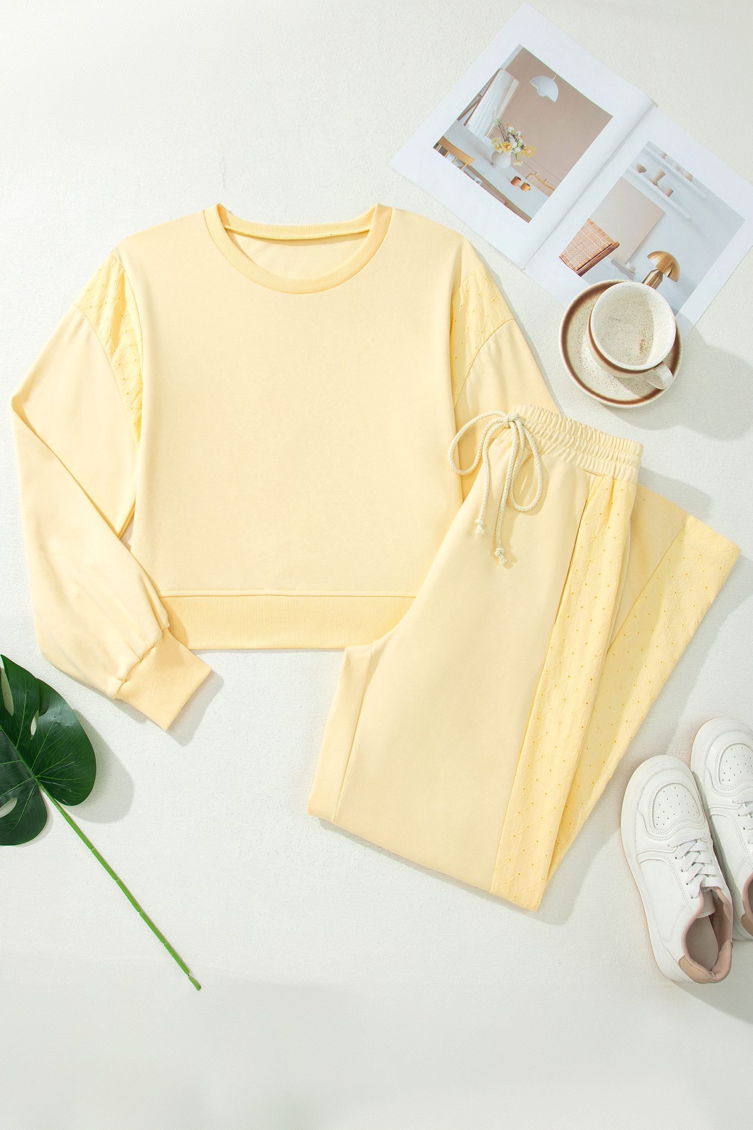 Yellow Cream Eyelet Embroidered Lace Patchwork Cropped Pullover Drawstring Pants Set - Image 3