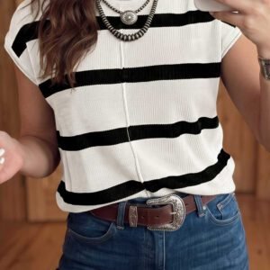 White Stripe Knit Western Short Sleeve Sweater