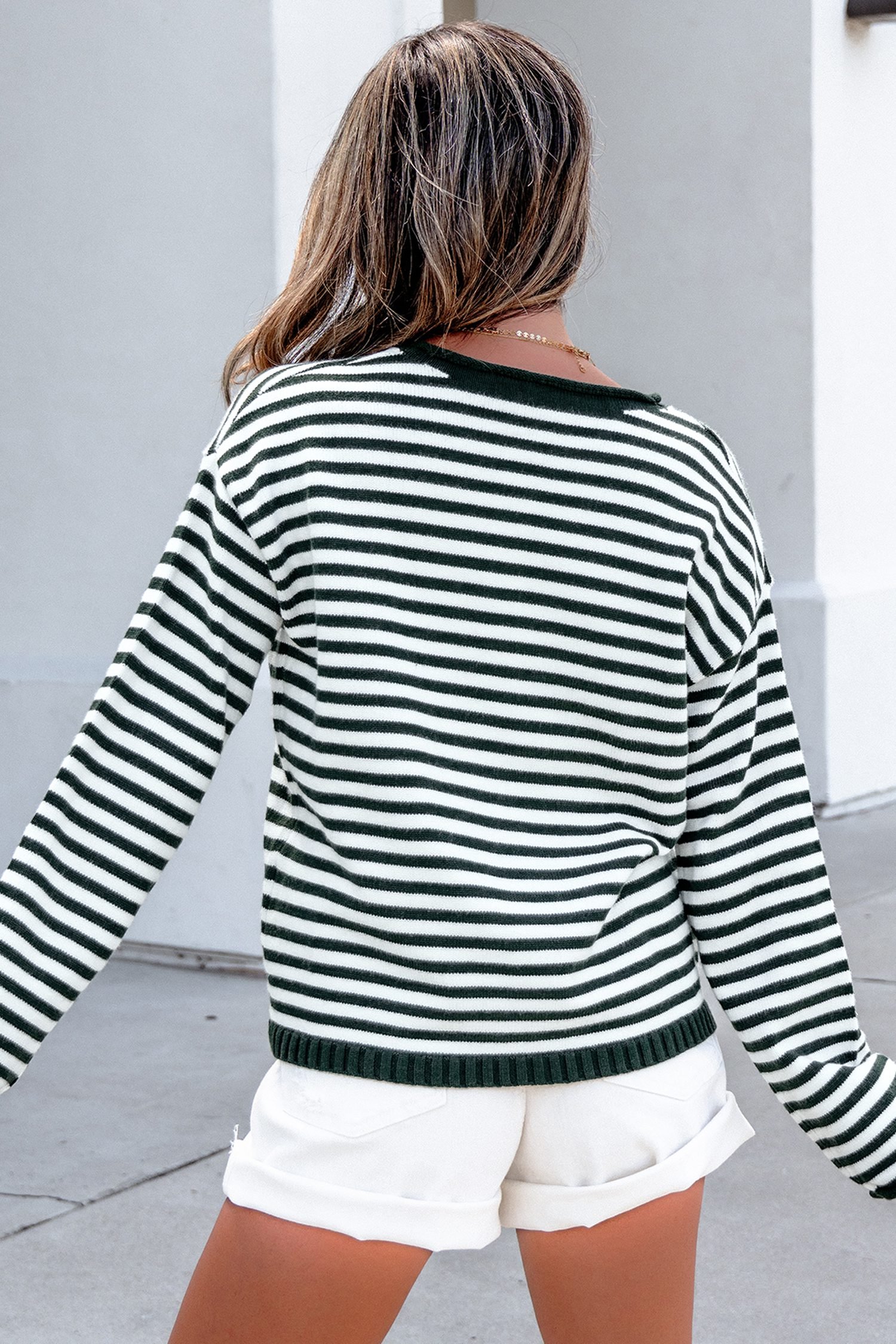 Green Stripe Striped Button Placket Drop Shoulder Long Sleeve Sweater - Image 2
