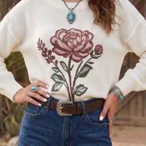 White Western Floral Dropped Shoulder Lightweight Knit Sweater