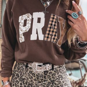 Coffee Floral Buffalo Plaid Striped Embroidered Patch Western Pullover Sweatshirt