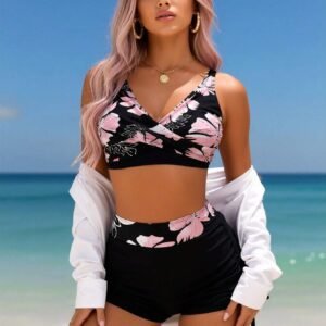 2026 New Women's Sexy Fashion Black Pink Floral Twist Two-Piece Boyleg Swimsuit For Vacation & Leisure
