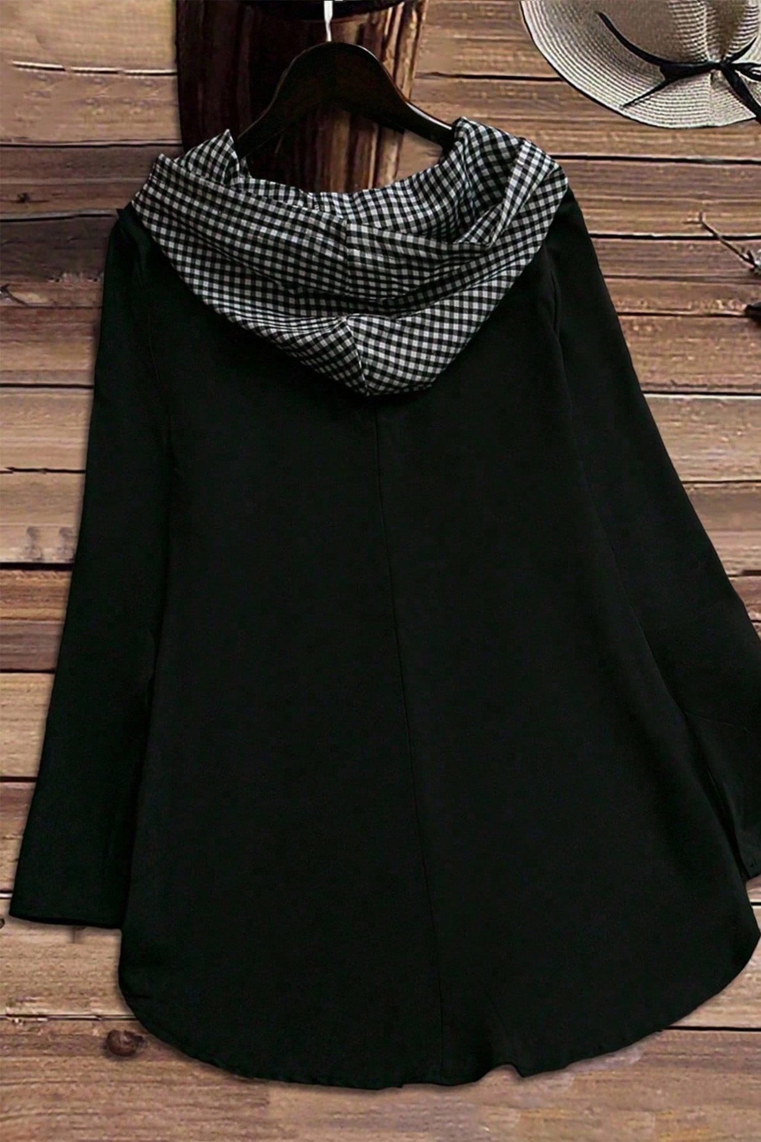 Black Hooded Gingham Paneling Chest Patch Pocket Long Sleeve Plus Size Blouse - Image 5