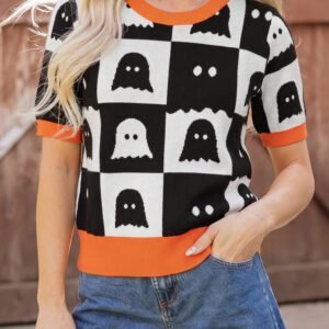 White Geometric Ghost Color Block Trim Short Sleeve Knit Sweater