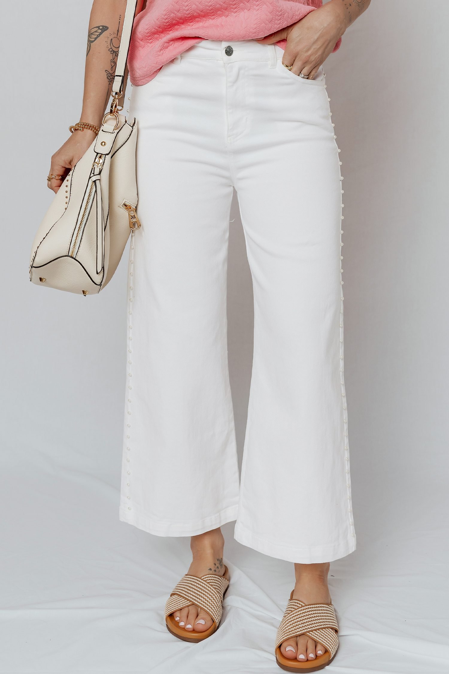 White Pearl Embellished Side Seam Ankle-length Shift Jeans - Image 4